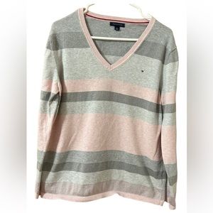 Tommy Hilfiger striped v-neck pink, gray, and silver knitted sweater. Size XL.